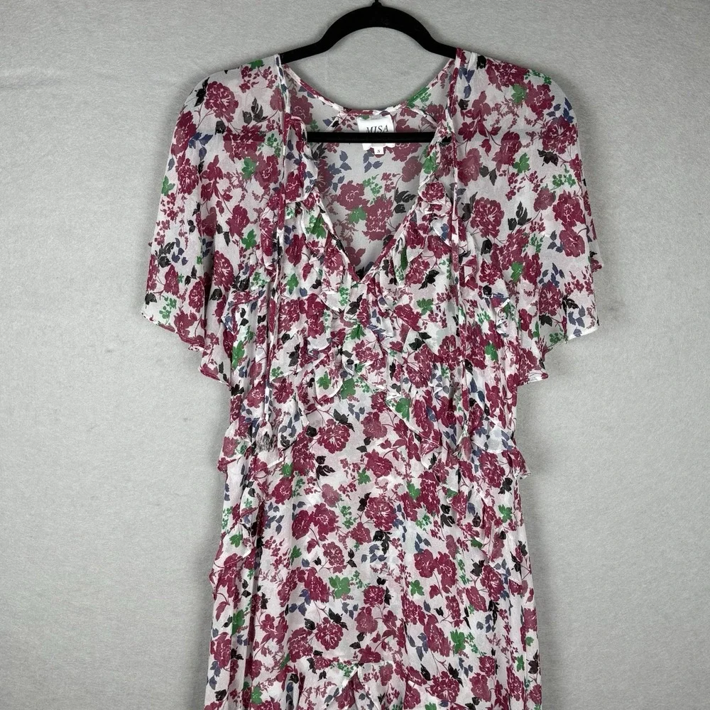 MISA Los Angeles Floral Chiffon Maxi Dress Sz S White Pink Ruffle‎ Tiered - Picture 3 of 11